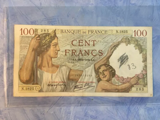 Frankreich Banknote 100 Cent Francs 1939