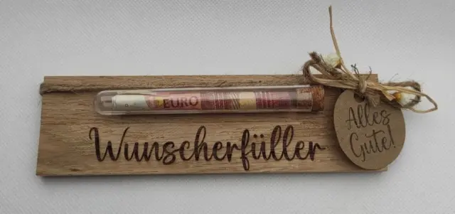 Geldgeschenk "Wunscherfüller" Handgemacht Geschenkidee Holz Klötzchen Gravur
