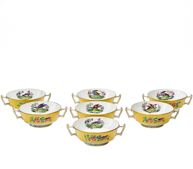 7 Copeland Spode Porcelain Bouillon Bowls Yellow Relief Florals early 20th c