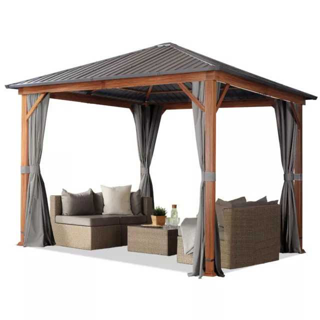 Gartenpavillon 3x3 m Holzoptik Eiche Pavillon mit Stahldach 4 Seitenteile grau