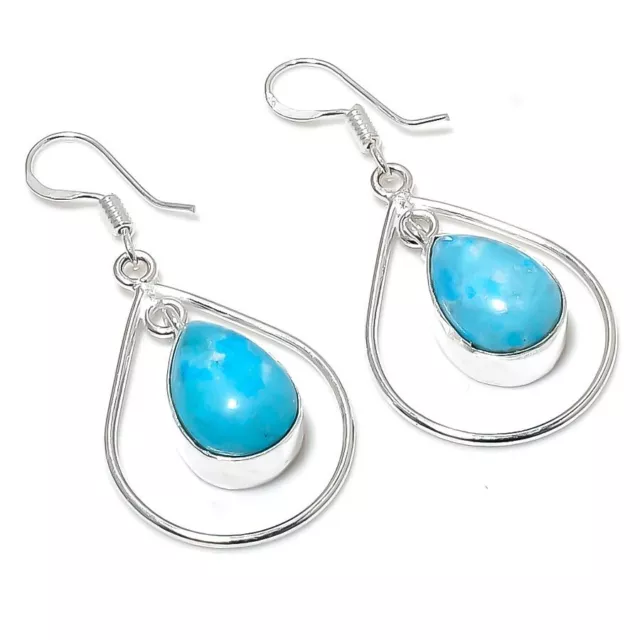 Blue Larimar  Gemstone Handmade 925  Sterling Silver Jewelry Earring Sz 1.30"
