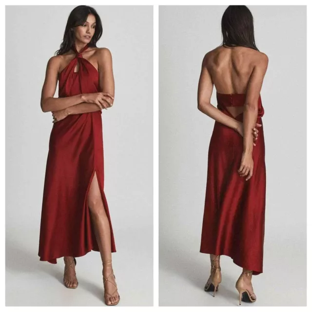 Reiss Lorena Maxi Halter Dress Dark Red Satin size 4 New Retail $545