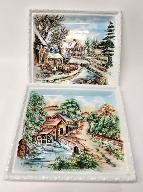 Pair VTG Molded Ceramic 3D Wall Plaques Winter & Summer Scenes Cottagecore 9X8