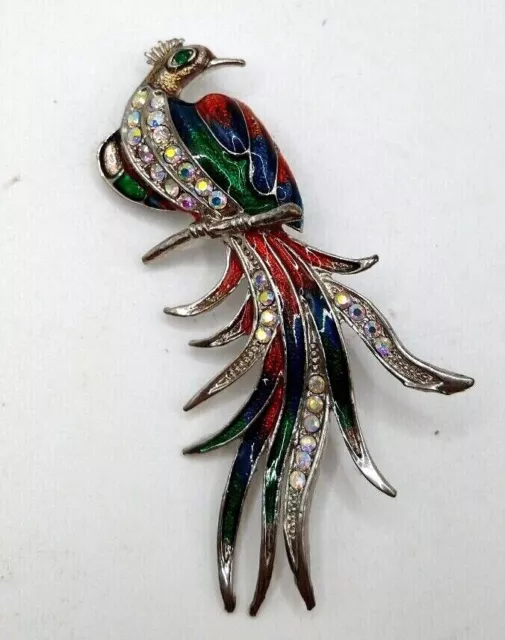 Peacock Statement Pin Red Green Blue Rhine Stones In Silver Metal Color Brooch S
