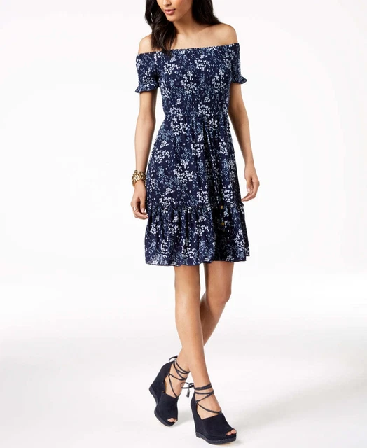 MICHAEL Michael Kors Womens Floral Off The Shoulder Dress,True Navy/Cream,Small