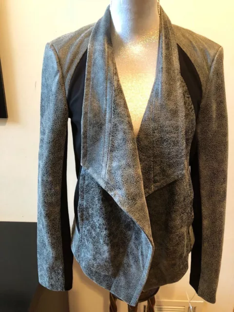 NEW PURE DKNY Draped Ponte Paneled Cracked Gray Leather Moto Jacket Coat Size S