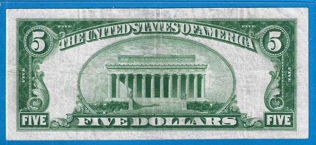 1934 $5 Federal Reserve Note B-New York,Lime (Light)Green Seal,Circ VF,Nice 2