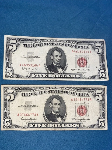 ☆$5 Five Dollar Red Seal Lincoln Dollars ☆Red Certificate Old Money☆ 1963☆