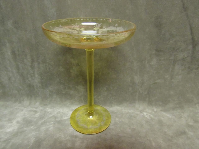 Vintage 1930 s Bohemian Art Glass Cut Overlay to Clear Stained Tall Compote Dish