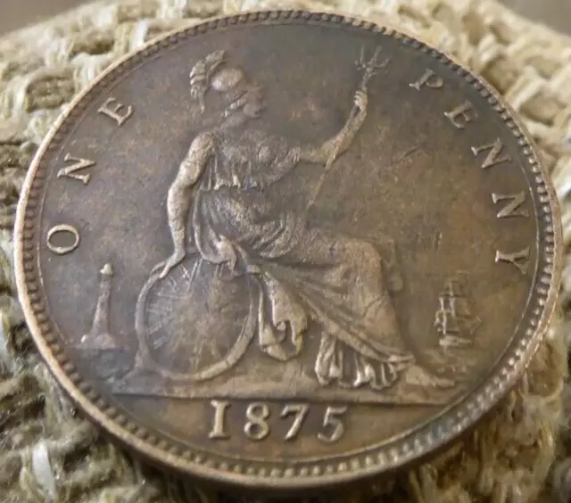 1875 Victorian One Penny Coin Queen Victoria See Pics A27 #=]