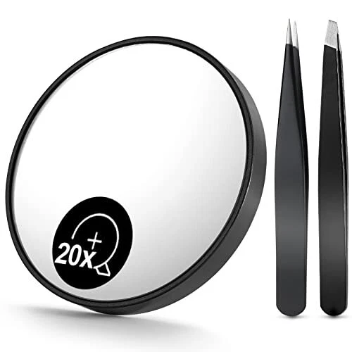 OMIRO 20X Magnifying Mirror and Eyebrow Tweezers Kit 3.5 Three Suction Cups