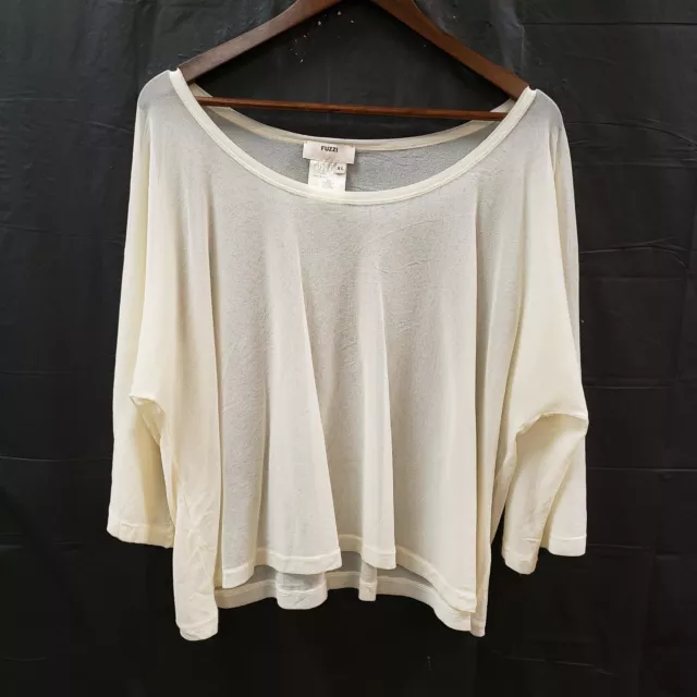 Fuzzi Womens Gauzy  3/4 Sleeve Top Size XL Ivory Scoop Neck Open Knit Pullover