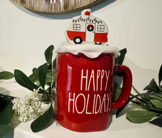NEW 2023 Rae Dunn "HAPPY HOLIDAYS” X-MAS Mug Travel Trailer Topper/Lid - SEALED!