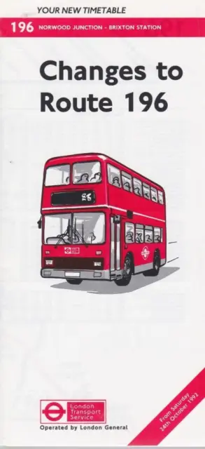 Route 196 London Transport Bus Timetable Lft Oct 1992