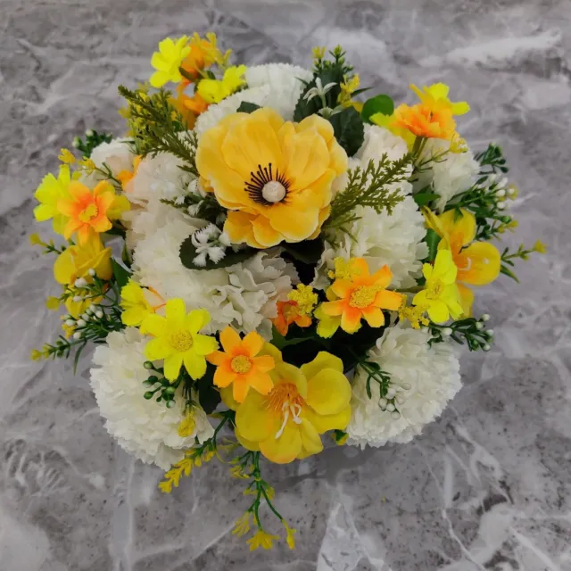 Yellow Cosmos & Cream Carnations | Artificial Flower Pot | Grave/Memorial/Crem