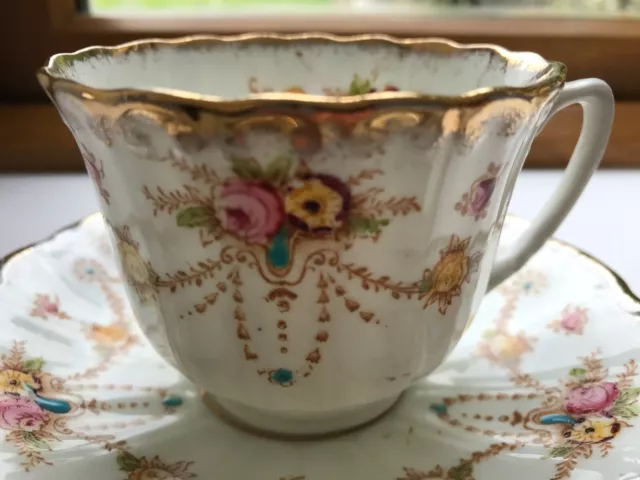 ANTIQUE 1900's WILD BROS CHINA TRIO TEA CUP PLATE BOW SWAG ROSE HANDPAINTED GILT