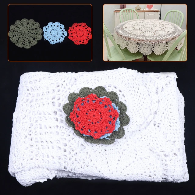 Round Hand Crochet Tablecloth 52 Inch Vintage Hollow-out Lace Table Cloth Floral