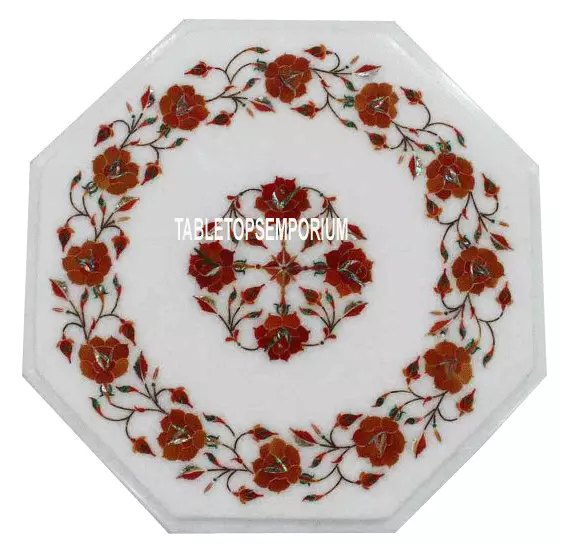 12" White Marble Mosaic Coffee Table Top Carnelian Inlay Floral Garden Decor