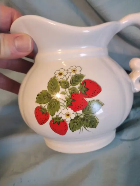 Vintage McCoy Strawberry Pitcher Kitchen Pottery White Cream Color Home Decor 3