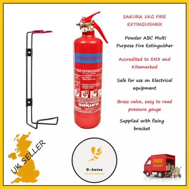 Sakura 1KG Powder Fire Extinguisher for Car, Taxi, Caravan, Boat Home Office