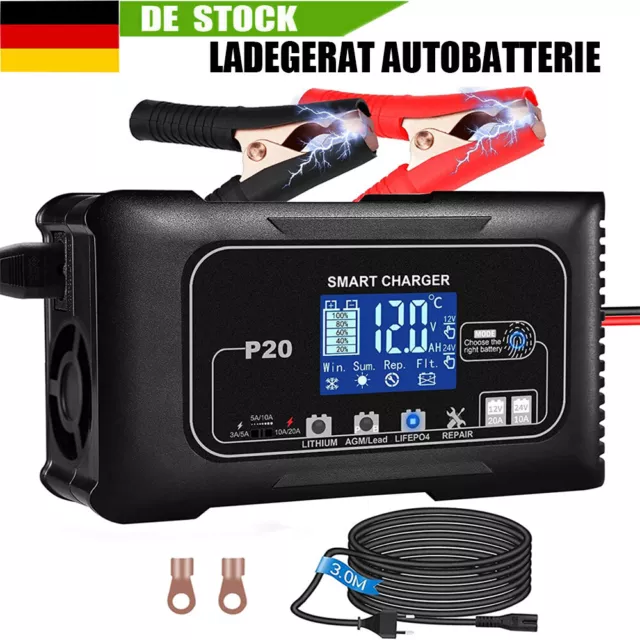 12V 24V 20A Schnellladegerät Batterieladegerät LiFePO4 Reparatur AGM GEL 4Modi