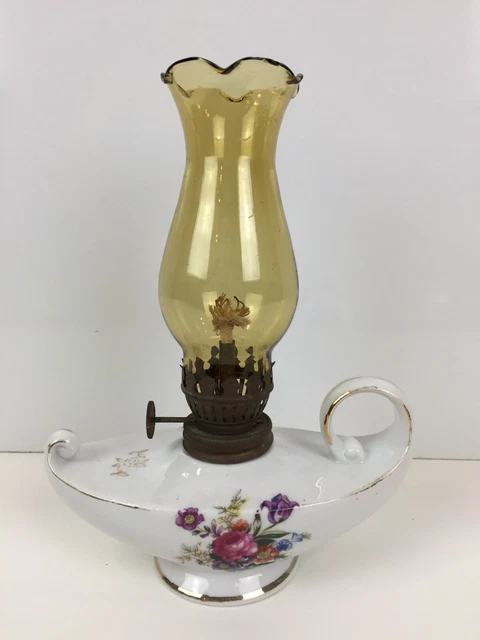 Vintage Miniature Floral Ceramic Genie Oil Lamp with Glass Amber Chimney Japan