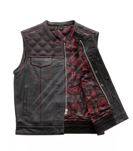 New Leather Motorcycle Vest Men Riding Club Black/Red Biker Vest Concealed Carry