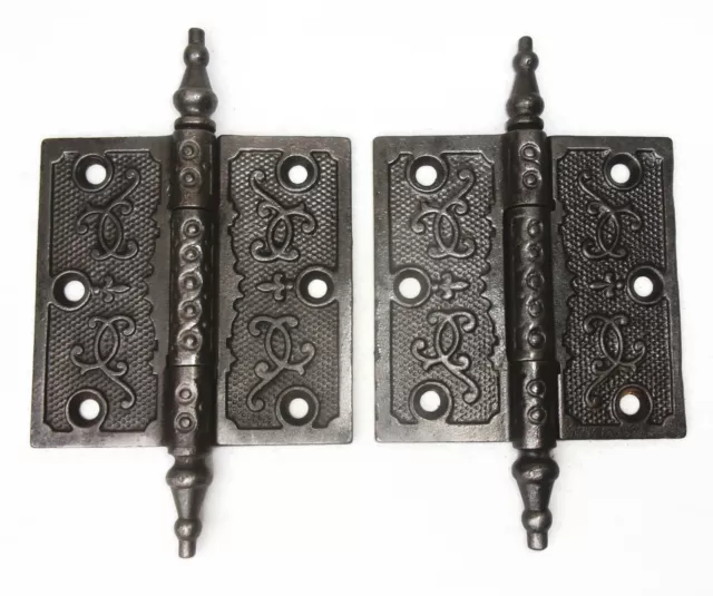 Pair Antique Ornate Eastlake Victorian Steeple Tip Door Hinges 3.5" x 3.5"