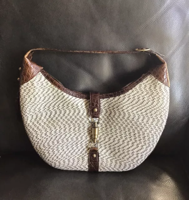 Eric Javits Purse Squishee Cream Handbag Straw Jaqui Leather Trim Hobo Bag