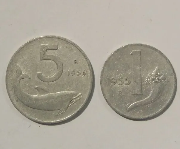 Italy Coins. Italian coins. 5 Lire. 1 Lira. Aluminium coins.