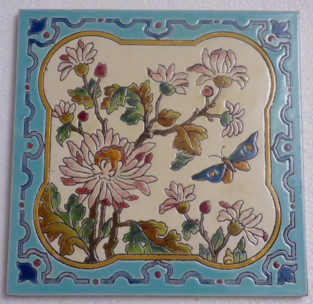 ° Art Nouveau Tile Chrysanthema & Butterfly Jugendstil Choisy-le-Roi Gilardoni