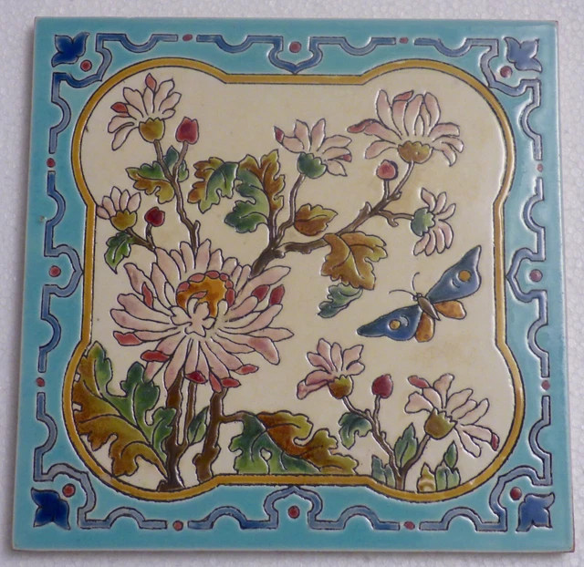 ° Art Nouveau Tile Chrysanthema & Butterfly Jugendstil Choisy-le-Roi Gilardoni