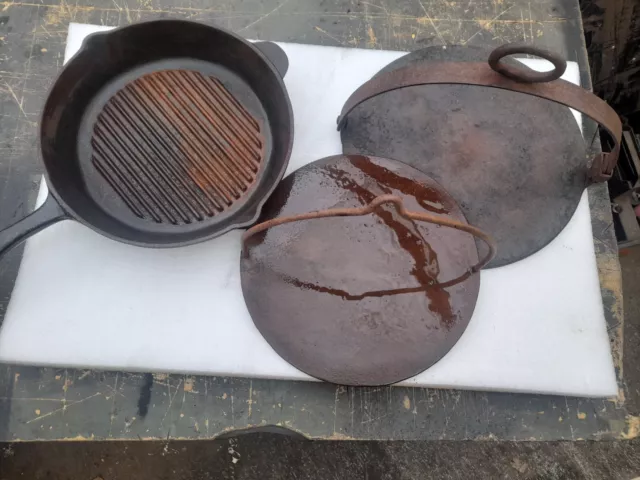 Antique Scottish Hanging Iron Griddle Plate, Bakestone Skillet,3 Items a Job Lot