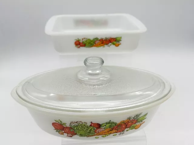 Glasbake Milk Glass Casserole Dish; Glasbake J235 1 Quart Vegetable Medley Motif