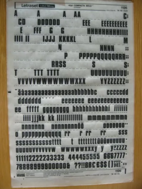 .1 x Letraset  Upp/Low Case & Numbers COMPACTA  BOLD 42pt 12.2mm Sheet 1126  (p)