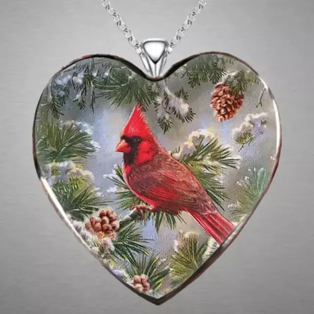 Cardinal Classic Red Bird Heart Shape Necklace Pendant Women Fashion Trendy Gift