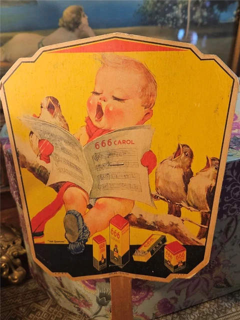 Vintage Paper Advertising Fan Wood Handle 666 Brand Medicine Baby Birds Singing