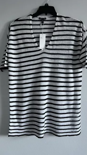 NWT Eileen Fisher BLACK/WHITE Fine Linen Crepe Knit V Neck Top S  M