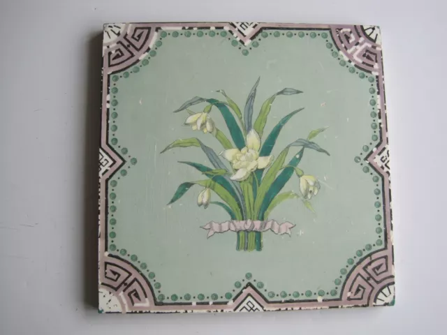 8" Sq. Antique Minton Hollins Floral Seasons Tile - Spring (Snowdrops) C1870