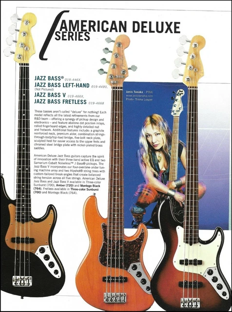 Fender American Deluxe Series Jazz Bass V guitar advertisement with Janis Tanaka