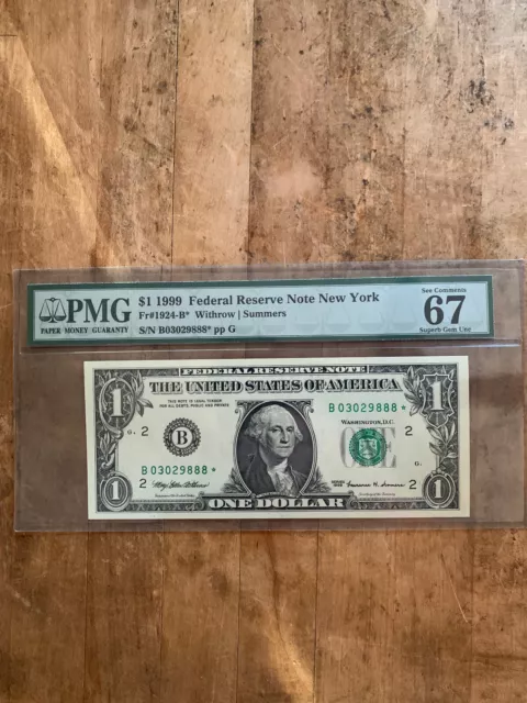 1999 $1 Federal Reserve NEW YORK STAR Note - PMG 67 EPQ FR#1924-B