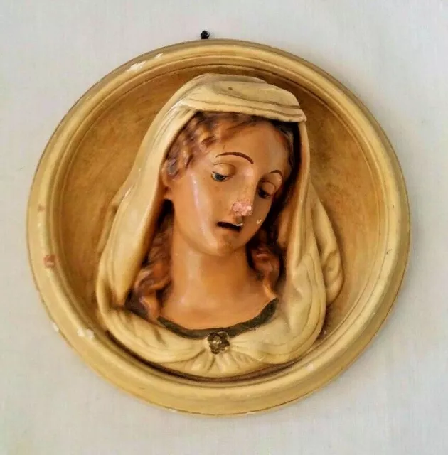 Vintage 1940 Chalkware Madonna 3D Virgin Mary Relief Plaster Wall Hanging Italy