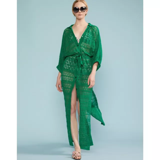 Beach Coverup Medium Lace Drawstring Kaftan Maxi Shirt Dress Swim $295 NWT Green