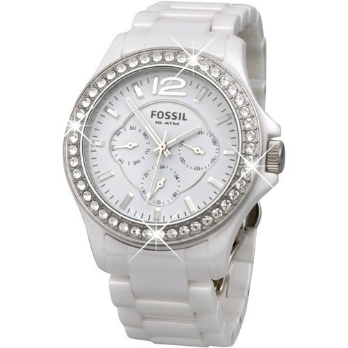 FOSSIL CE1010 Lady Women Round Watch WHITE CERAMIC Bracelet WHITE Dial CRYSTALS