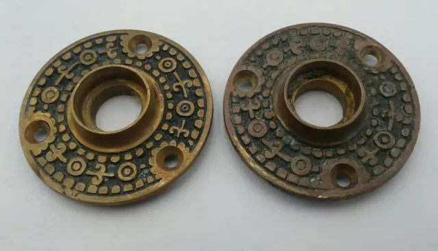 Pair Antique Brass Door Knob Rosettes Victorian Eastlake Fancy Door Hardware