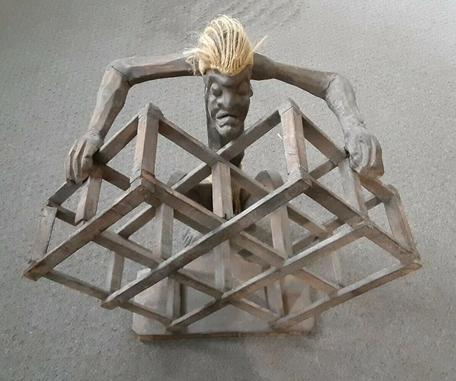 Vintage Tiki African Tribal Art Wooden Wine Bottle Rack with Hand Carved Figure