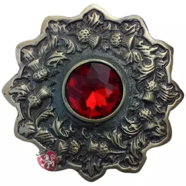 HS Scottish Kilt Fly Plaid Brooch Antique Finish Red Stone Celtic Pin & Brooches