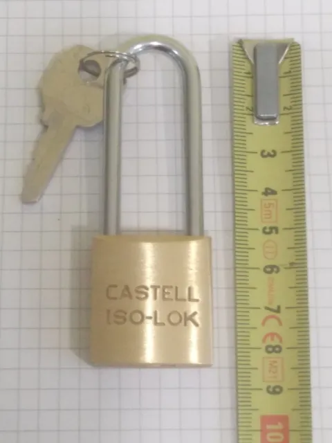 CASTELL ISOLOCK Padlock single key 50mm shackle brass 30mm body 85mm overall
