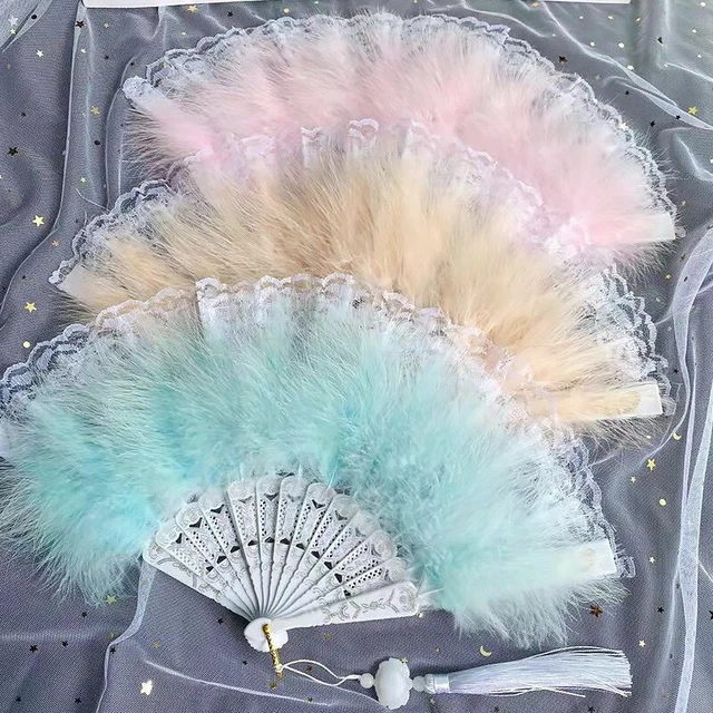 Chinese Style Folding Hand FanLace Feather Fans Wedding Party Favor Dance Fan