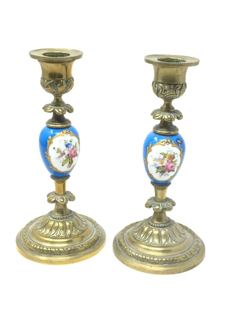 Paire de Bougeoir Laiton Porcelaine Peinte XIX EME Antique Candelstick Porcelain